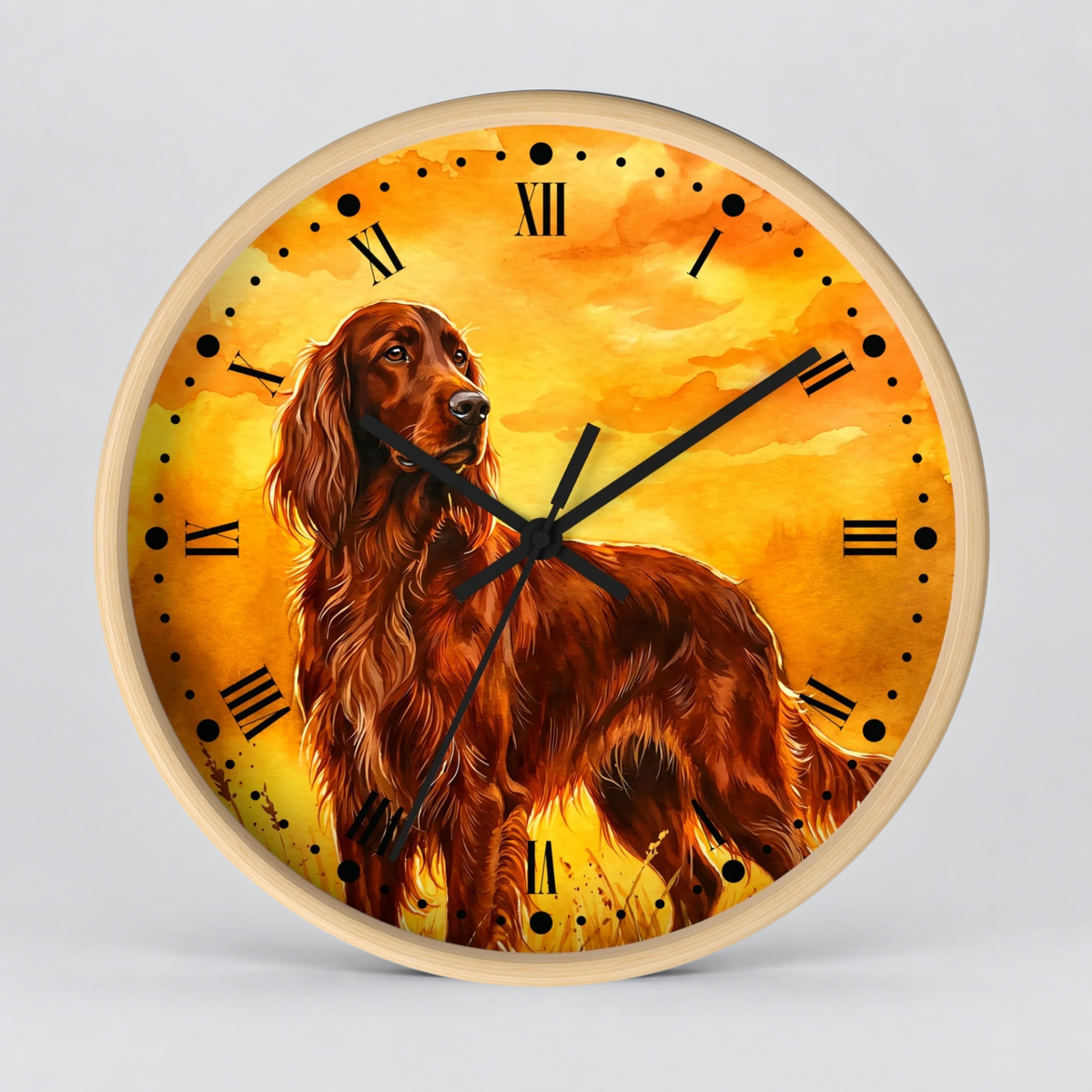 Round wall clock with a light wood frame and a printed dial featuring a brown long-haired dog against a warm yellow-orange sky background with black Roman numerals and hands.