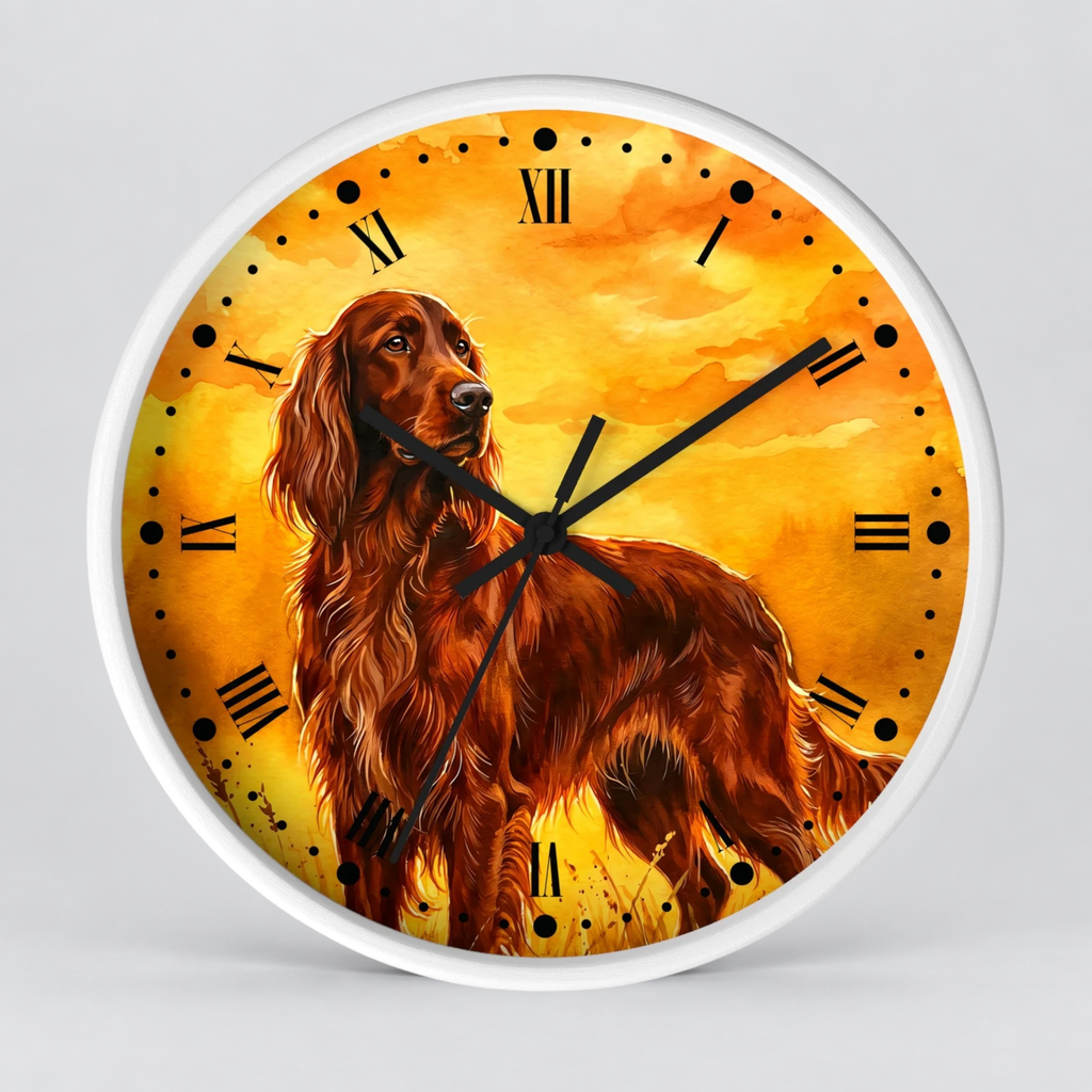 Round wall clock with a white frame and a printed illustration of a reddish-brown long-haired dog against a warm yellow-orange sky background, with black Roman numerals and clock hands.