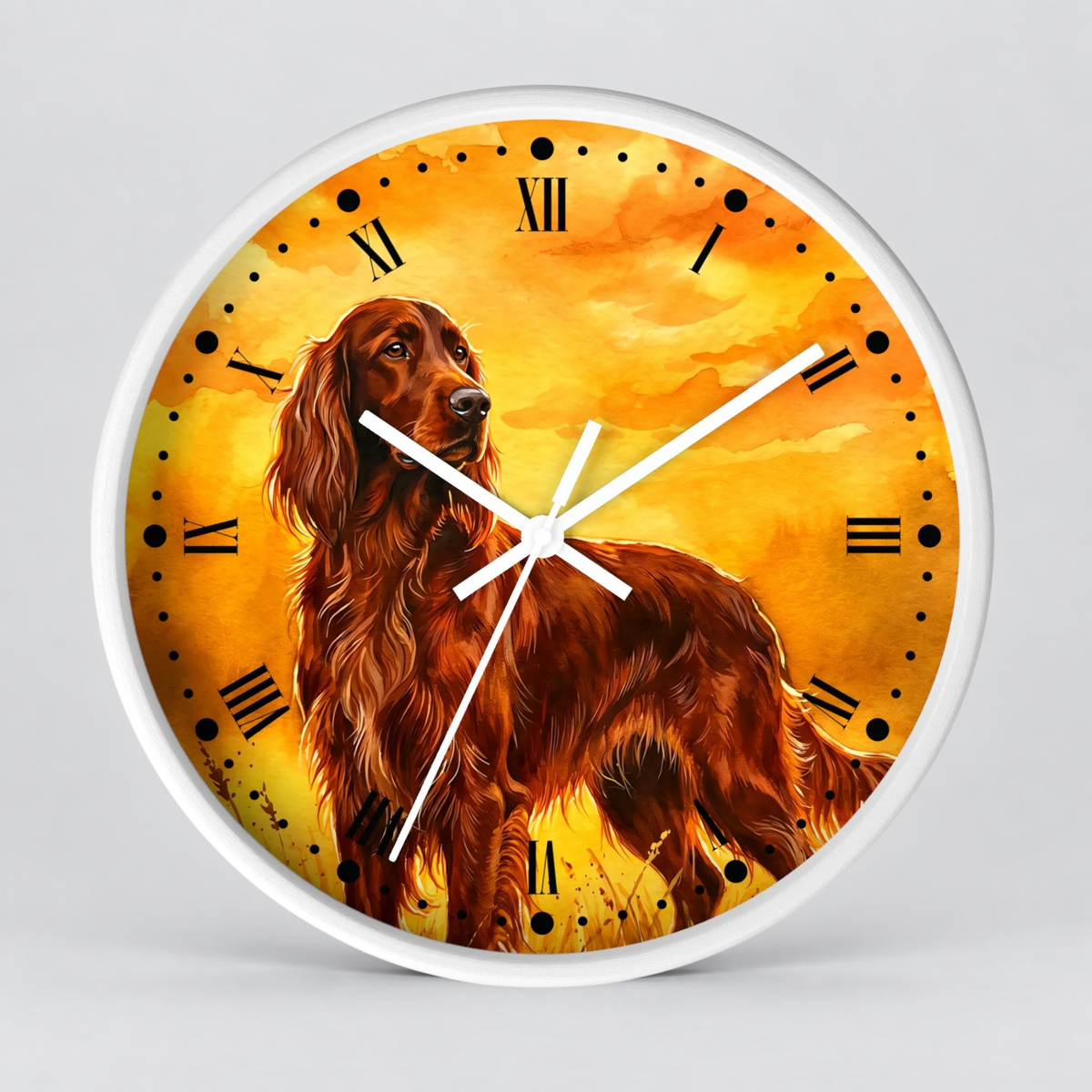 A round wall clock with a white frame and a printed dog illustration on the face. The artwork shows a long-haired reddish-brown dog against a warm yellow and orange sky background, with black Roman numerals and white clock hands.