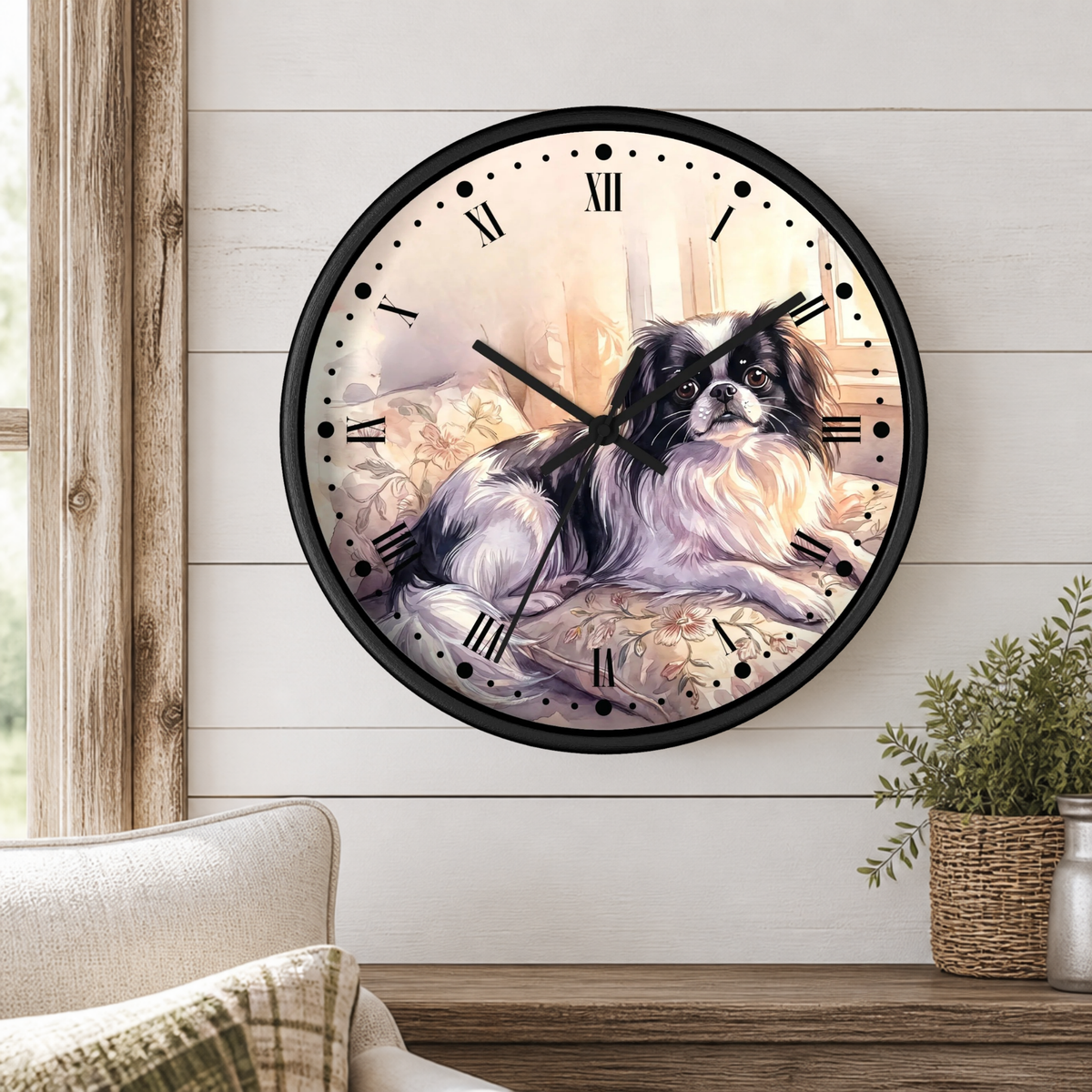Japanese Chin Decorative Wall Clock — Vintage Floral Pet Portrait Decor