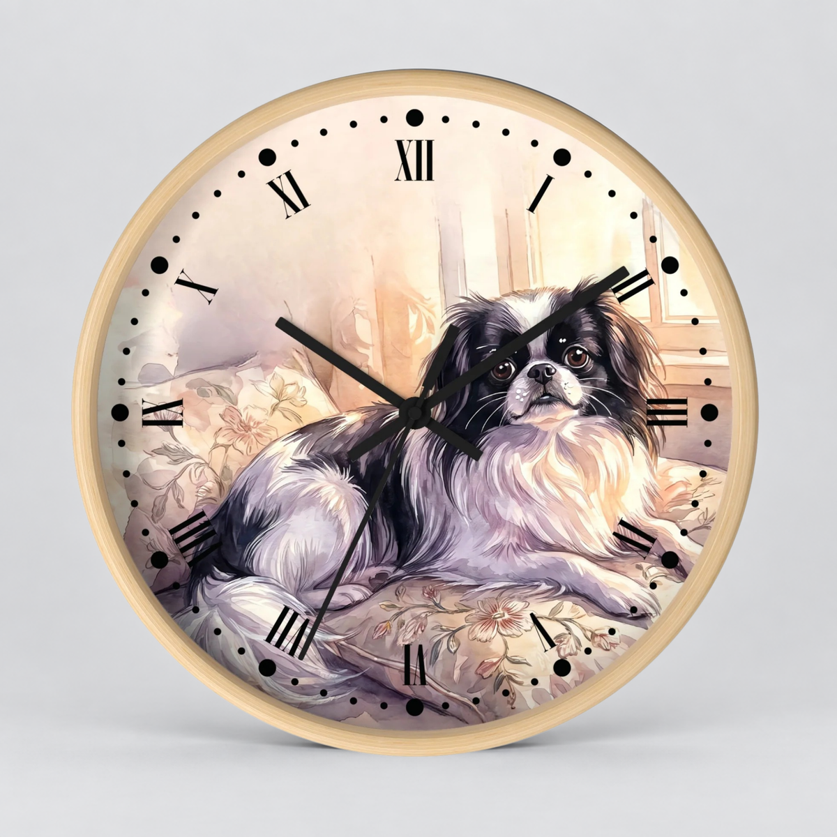 Japanese Chin Decorative Wall Clock — Vintage Floral Pet Portrait Decor