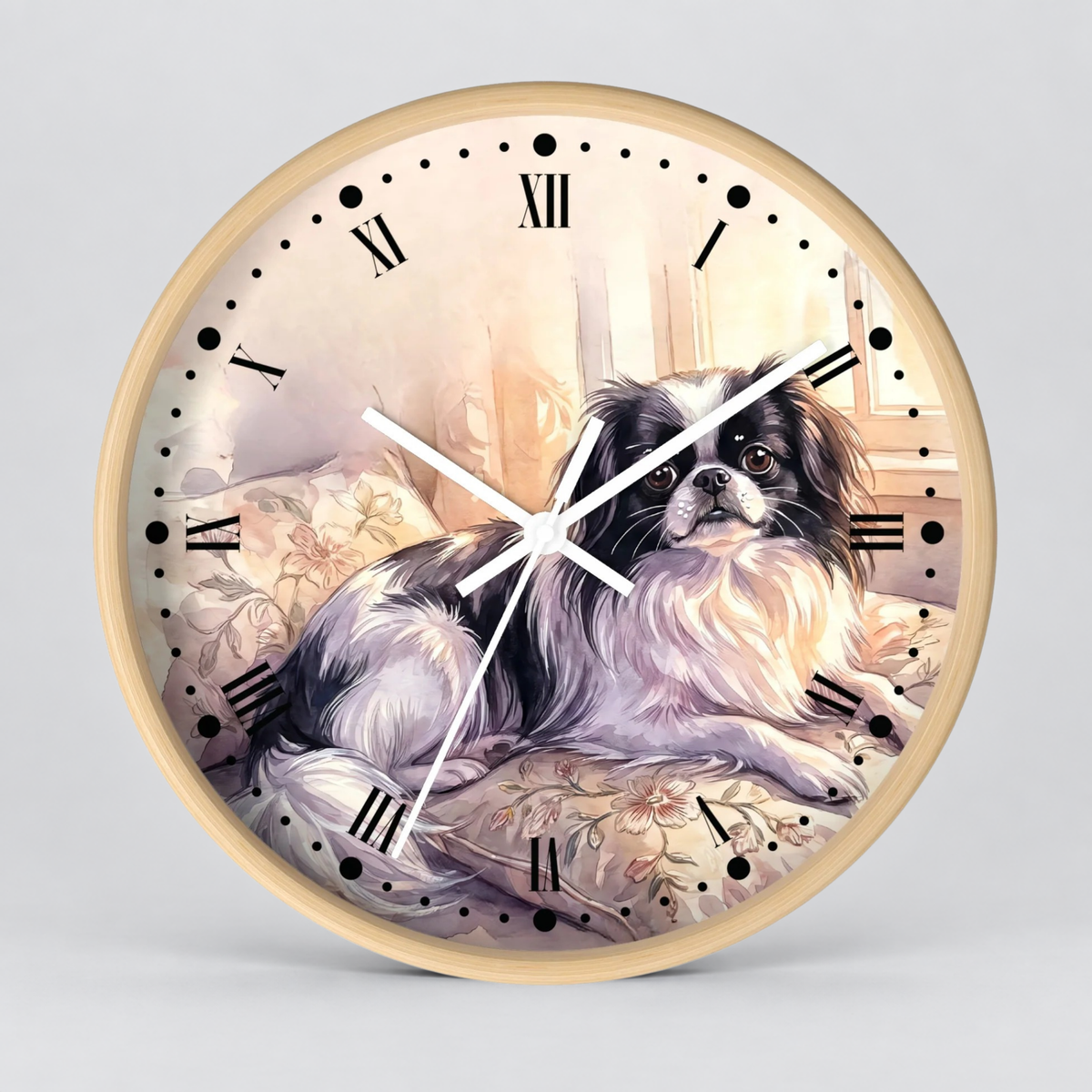 Japanese Chin Decorative Wall Clock — Vintage Floral Pet Portrait Decor
