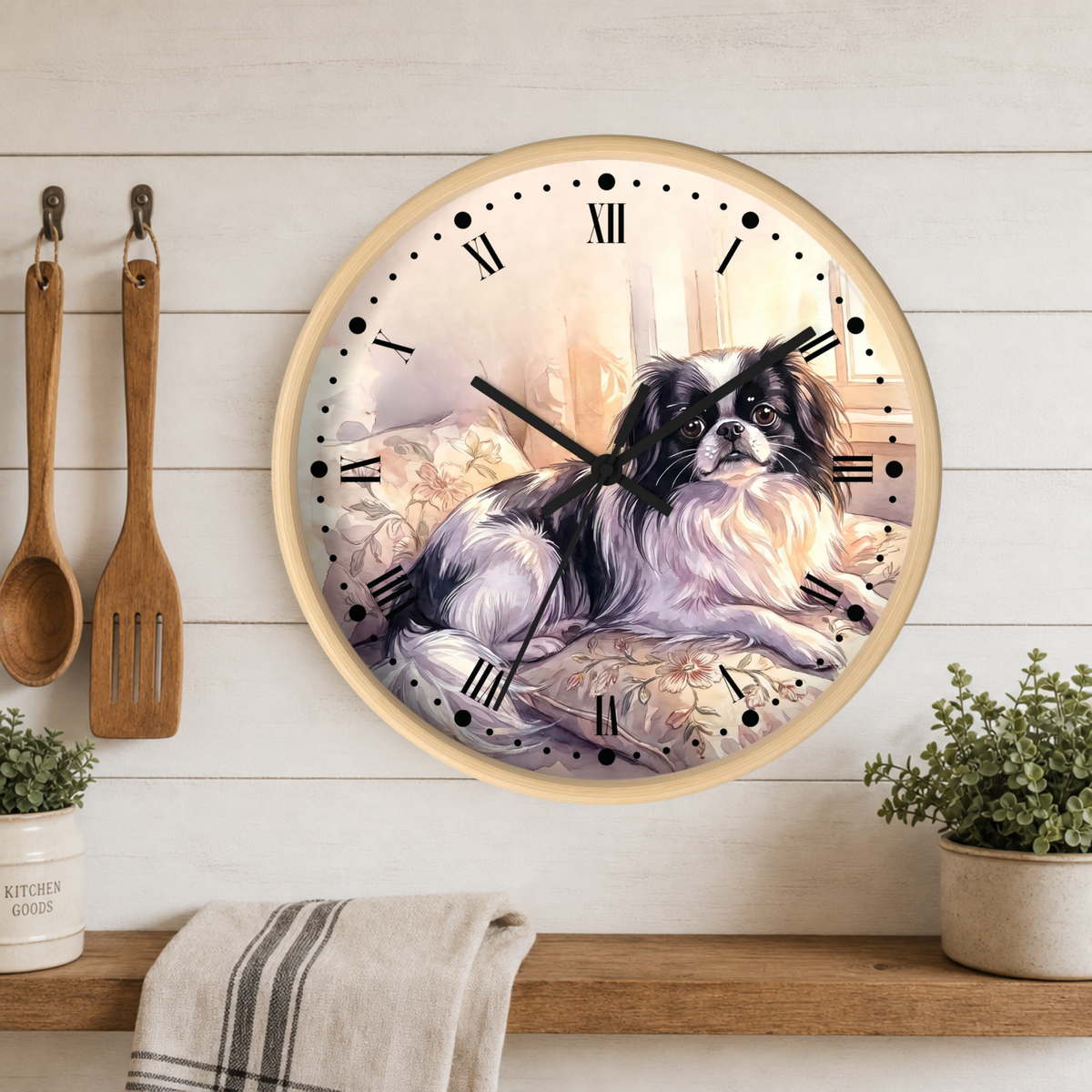 Japanese Chin Decorative Wall Clock — Vintage Floral Pet Portrait Decor