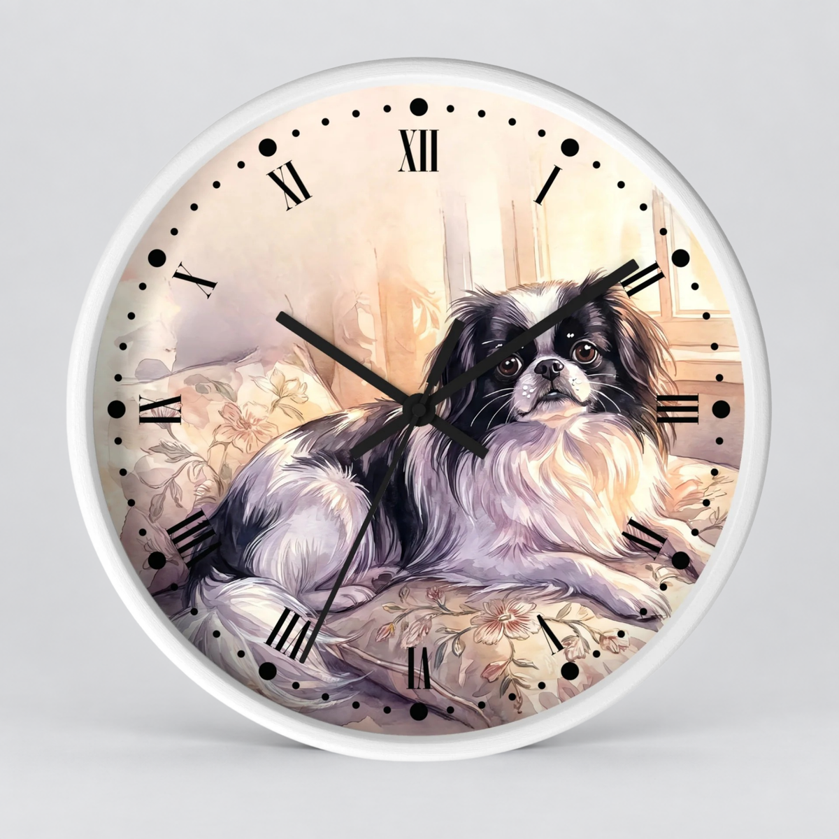 Japanese Chin Decorative Wall Clock — Vintage Floral Pet Portrait Decor