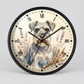 Round wall clock with a black frame and a cream-colored face featuring an illustrated terrier dog surrounded by lavender and wheat motifs, with black Roman numerals and hands.