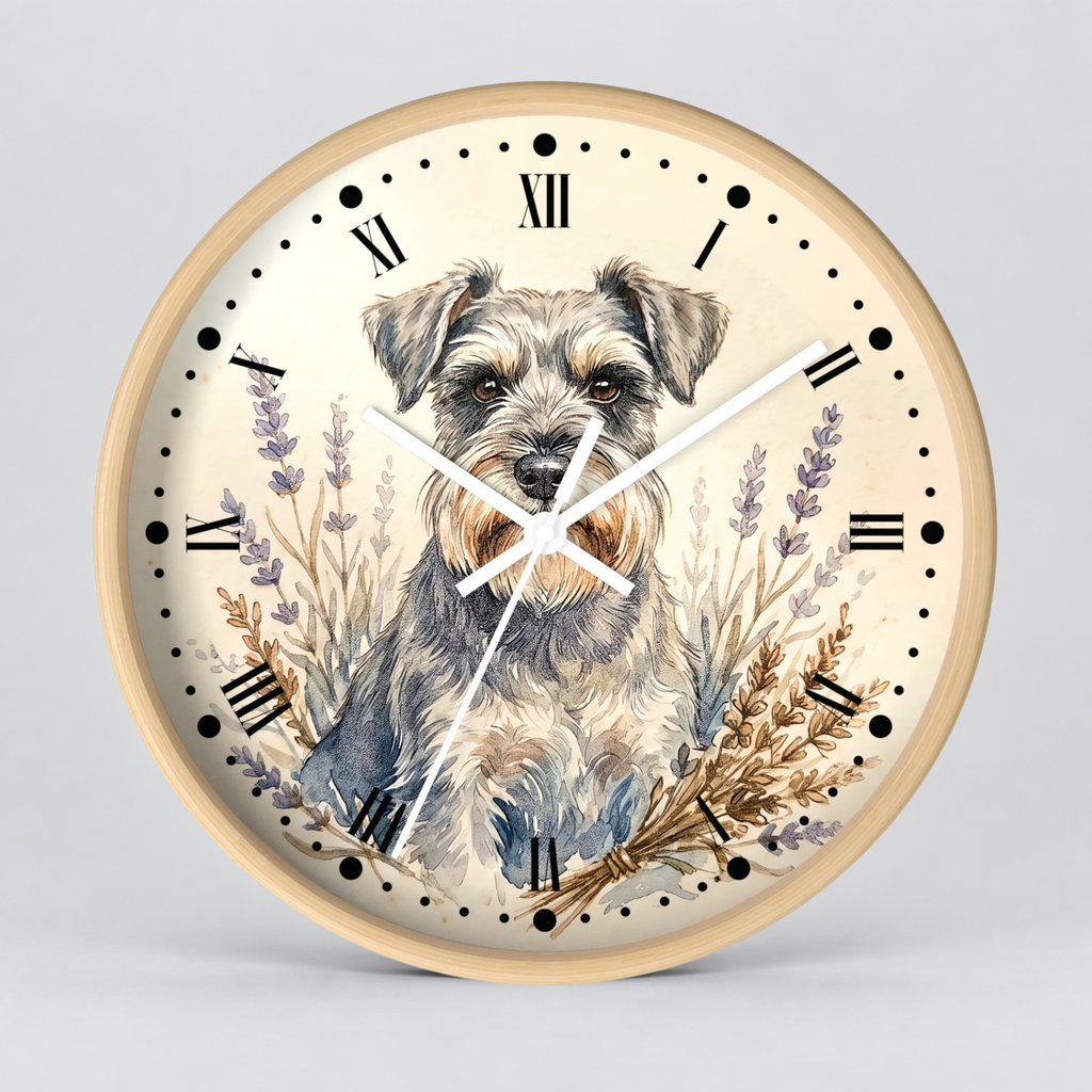 Miniature Schnauzer Lavender Wall Clock — Rustic Farmhouse Dog Decor