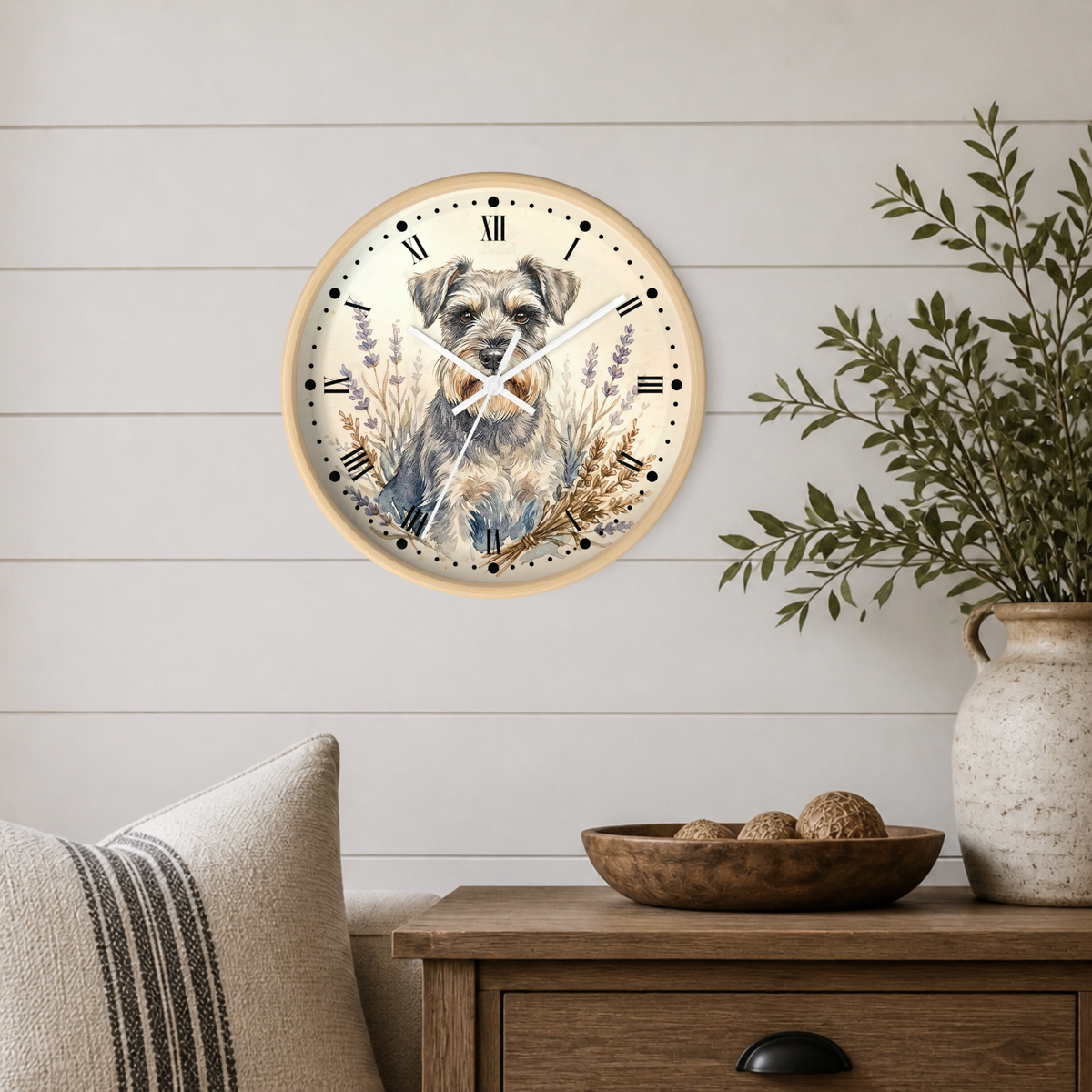Miniature Schnauzer Lavender Wall Clock — Rustic Farmhouse Dog Decor
