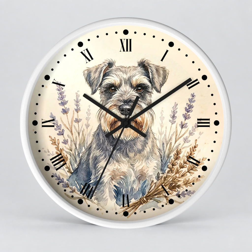 Miniature Schnauzer Lavender Wall Clock — Rustic Farmhouse Dog Decor