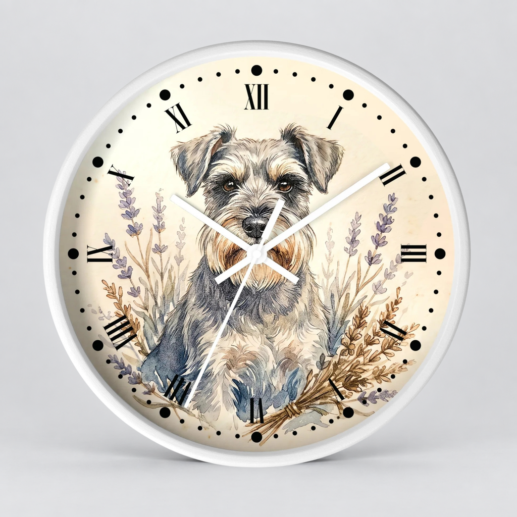 Miniature Schnauzer Lavender Wall Clock — Rustic Farmhouse Dog Decor