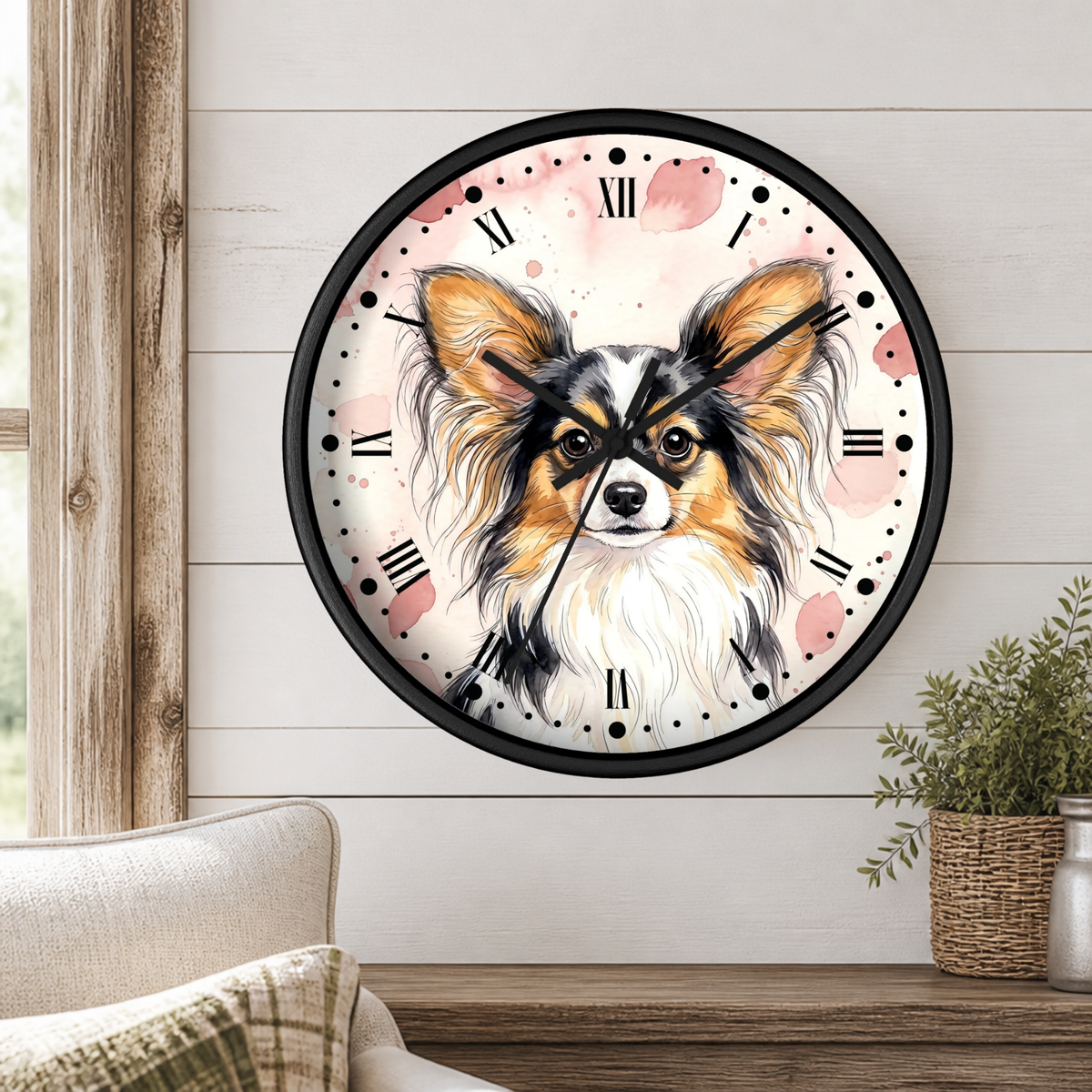 Papillon Dog Wall Clock — Watercolor Portrait Decor for Pet Lovers