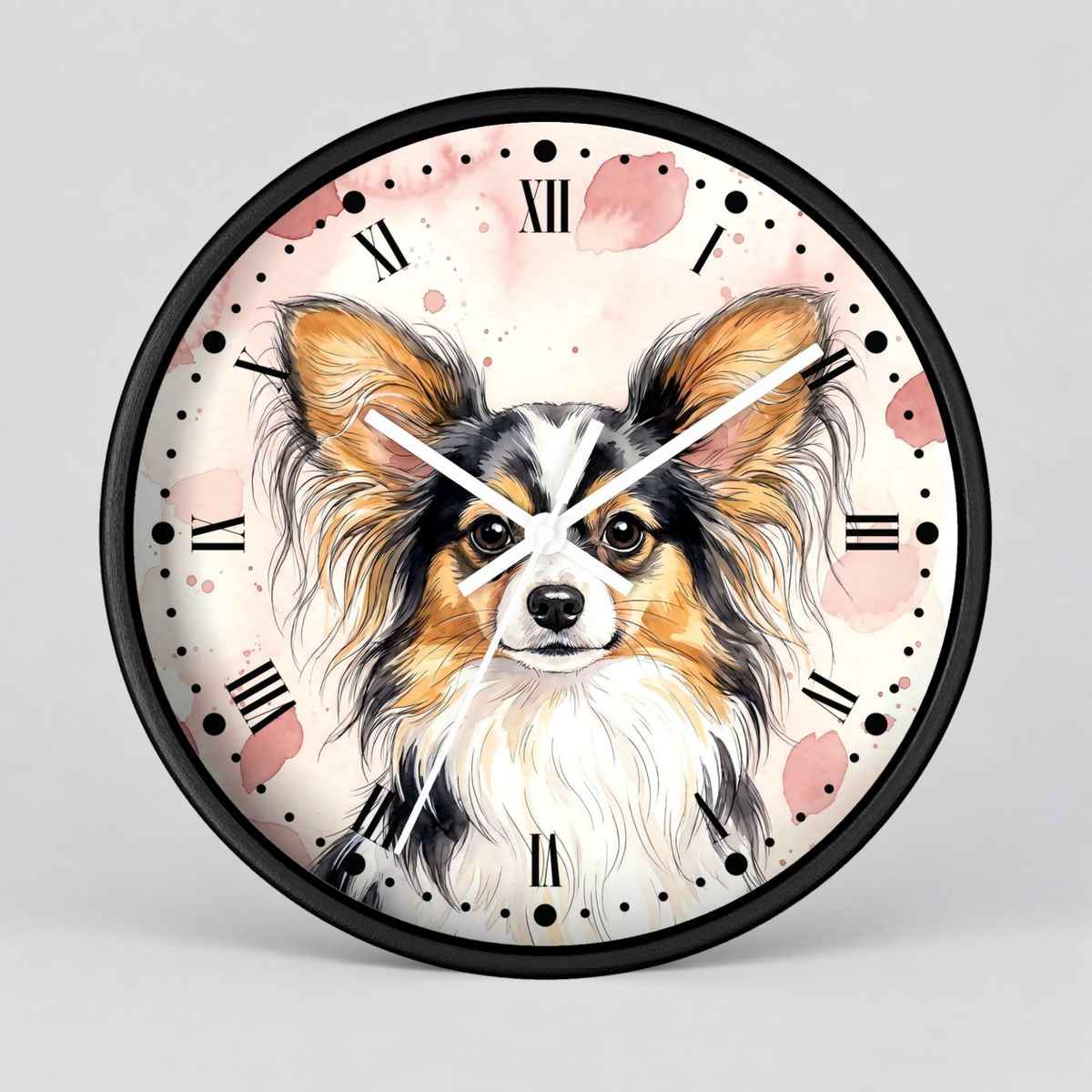 Papillon Dog Wall Clock — Watercolor Portrait Decor for Pet Lovers