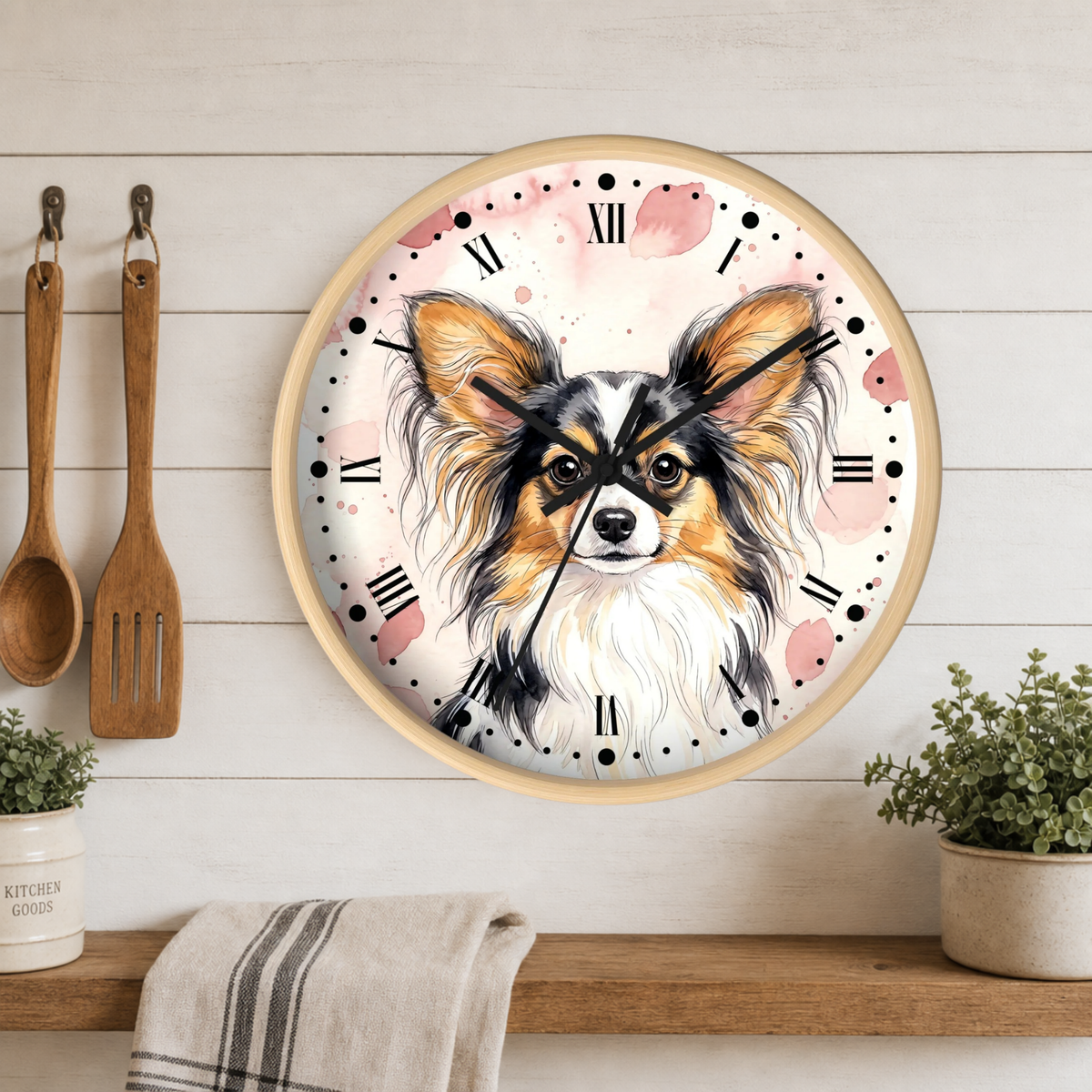 Papillon Dog Wall Clock — Watercolor Portrait Decor for Pet Lovers
