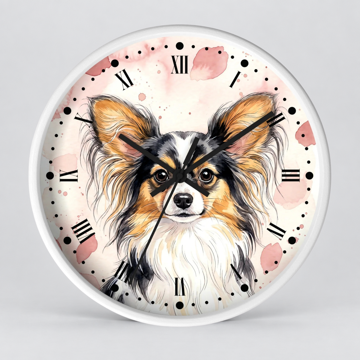 Papillon Dog Wall Clock — Watercolor Portrait Decor for Pet Lovers