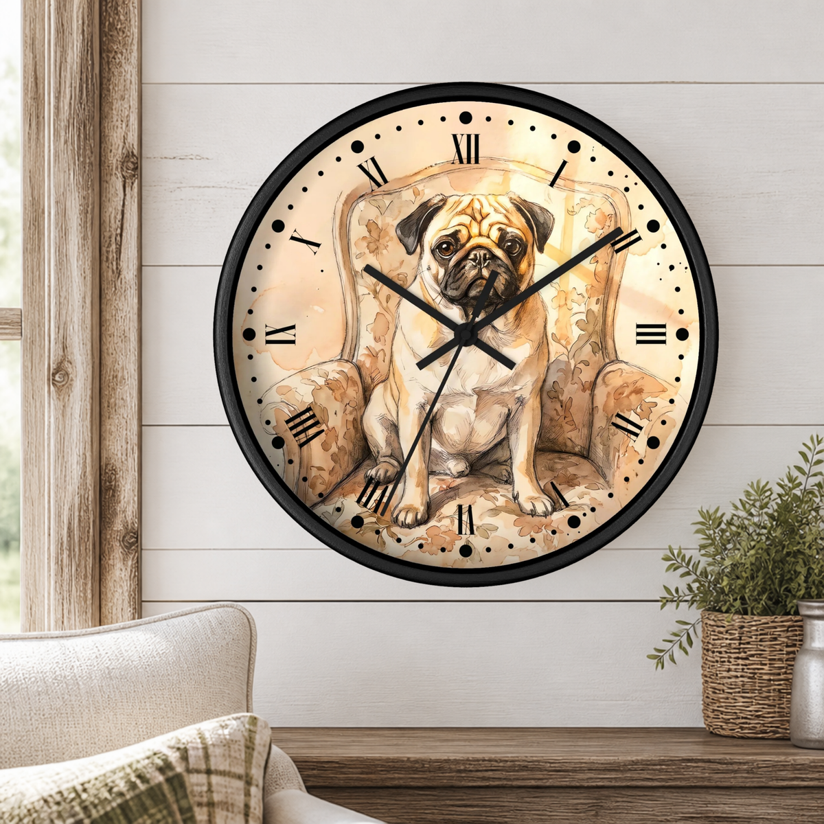 Vintage Pug Portrait Wall Clock — Watercolor Dog Decor