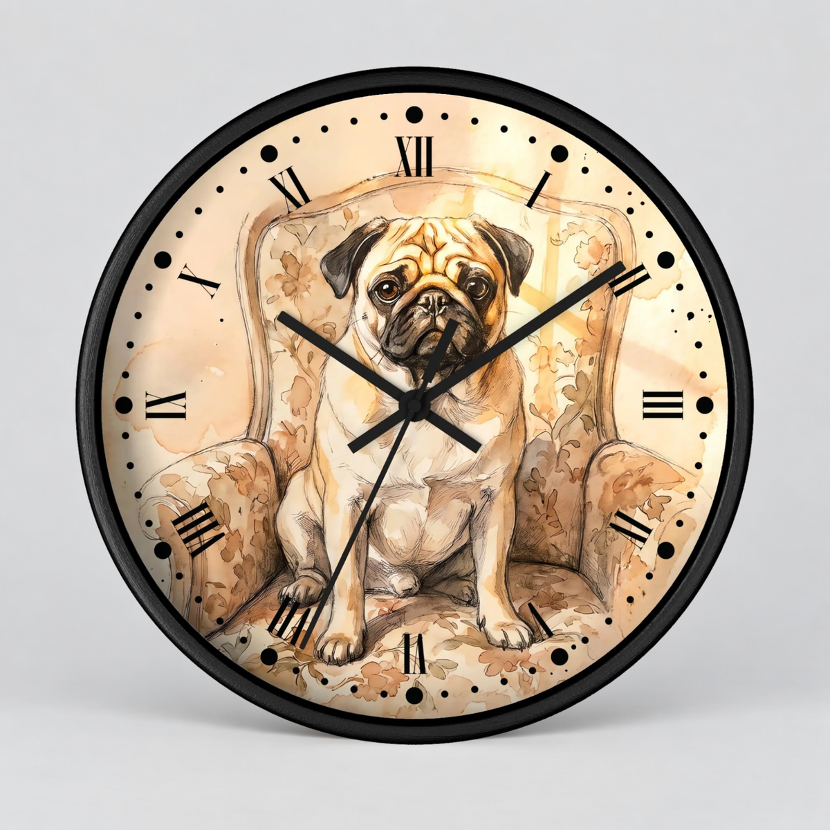 Vintage Pug Portrait Wall Clock — Watercolor Dog Decor