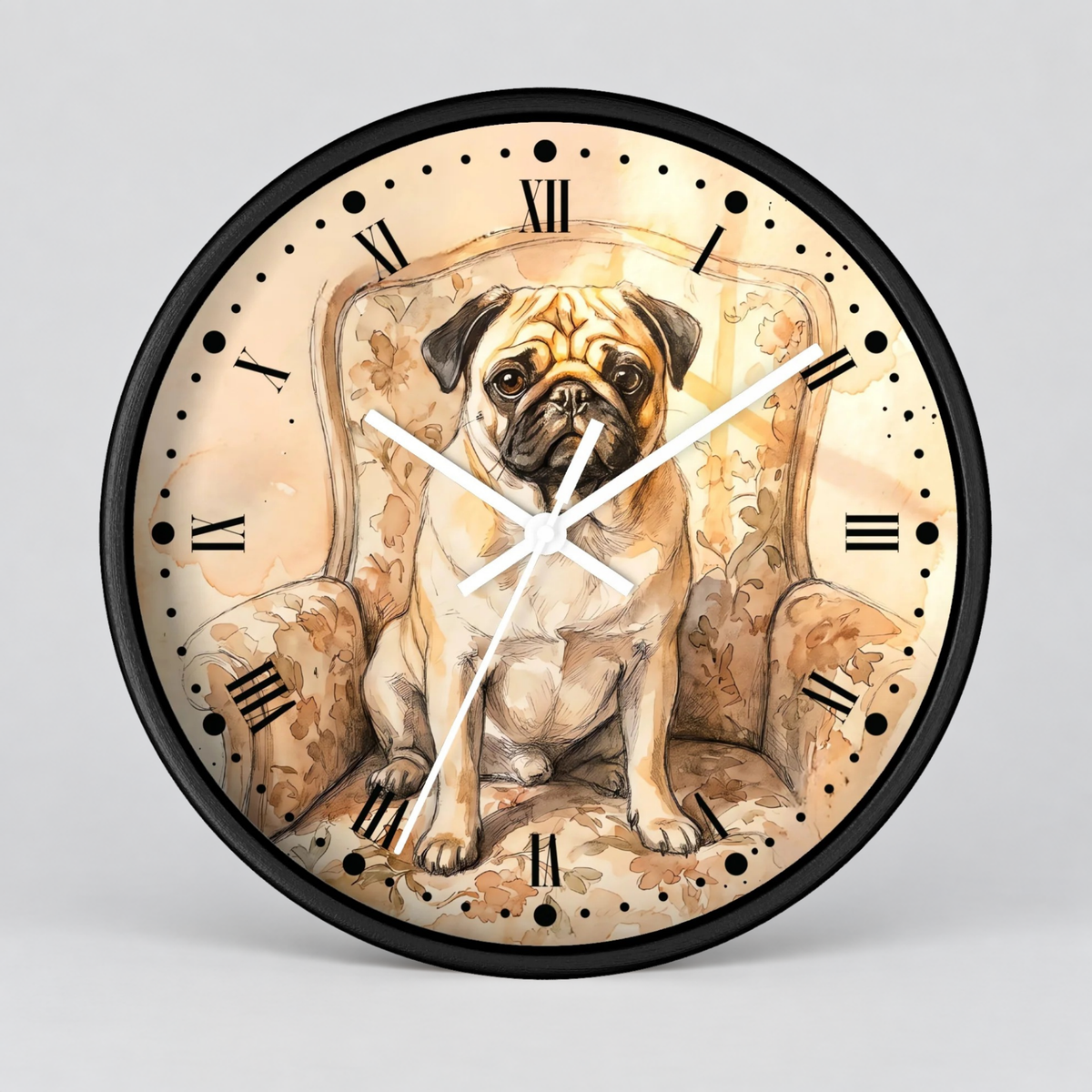 Vintage Pug Portrait Wall Clock — Watercolor Dog Decor
