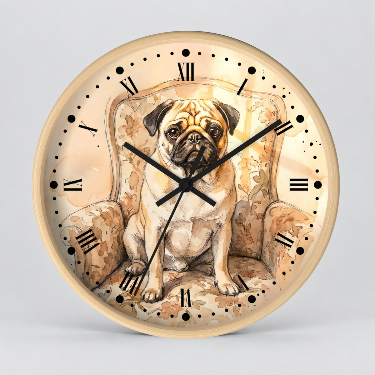 Vintage Pug Portrait Wall Clock — Watercolor Dog Decor