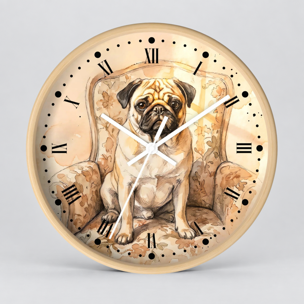 Vintage Pug Portrait Wall Clock — Watercolor Dog Decor