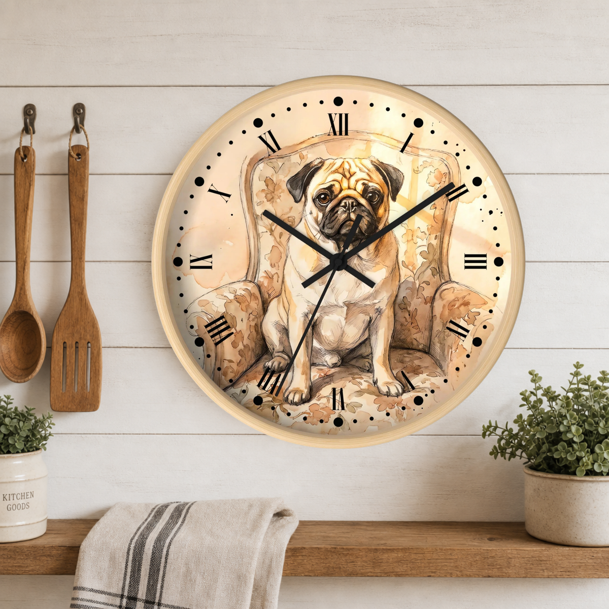 Vintage Pug Portrait Wall Clock — Watercolor Dog Decor