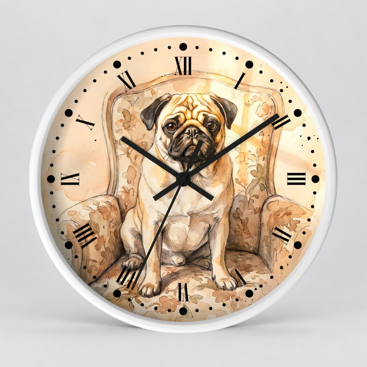 Vintage Pug Portrait Wall Clock — Watercolor Dog Decor