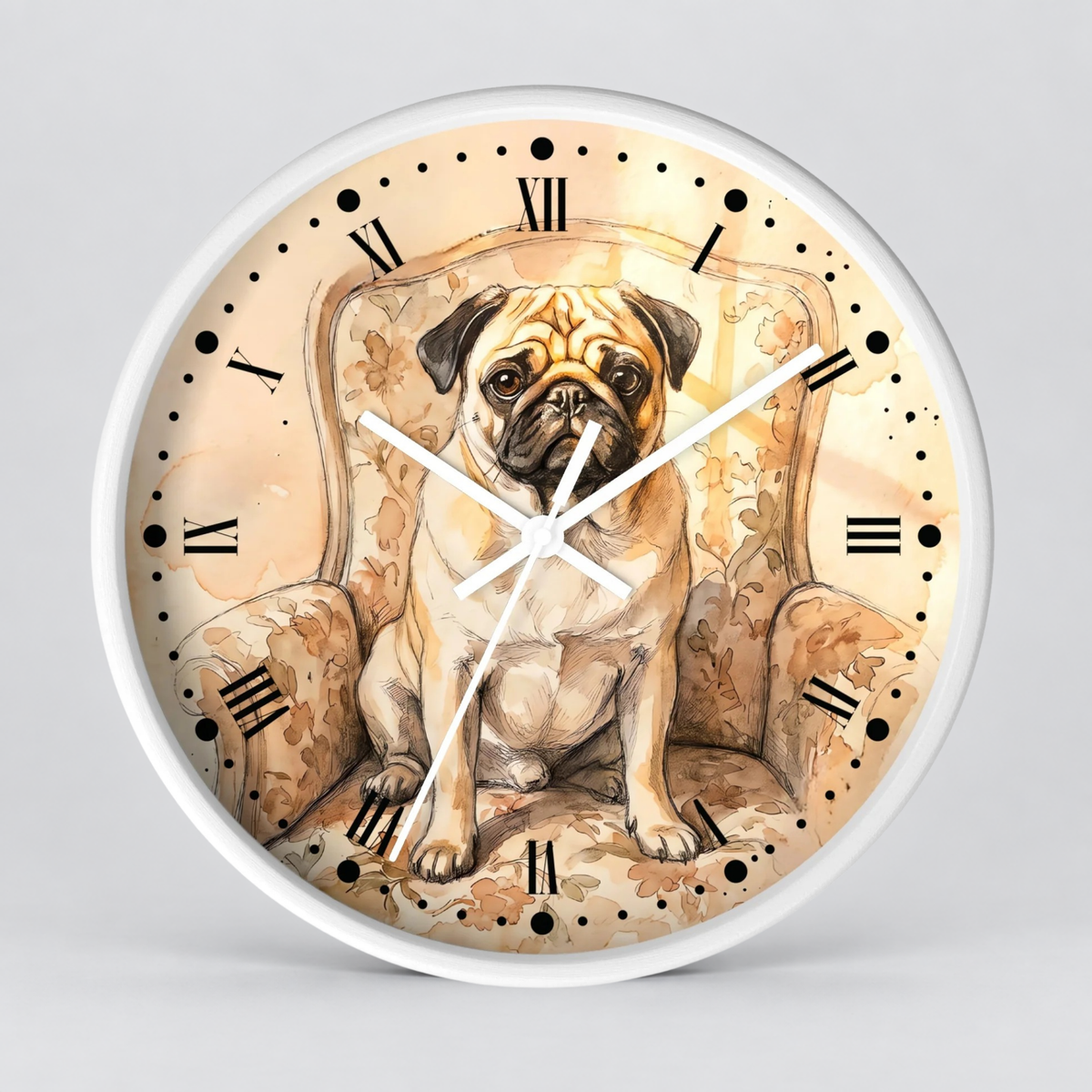 Vintage Pug Portrait Wall Clock — Watercolor Dog Decor
