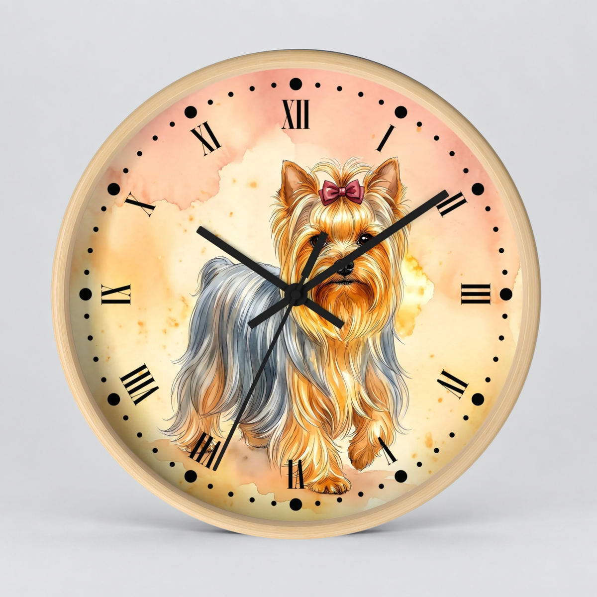 Round wall clock with a watercolor-style illustration of a Yorkshire Terrier dog on the face, surrounded by a light wood-toned rim and black Roman numerals, shown against a plain light gray background.