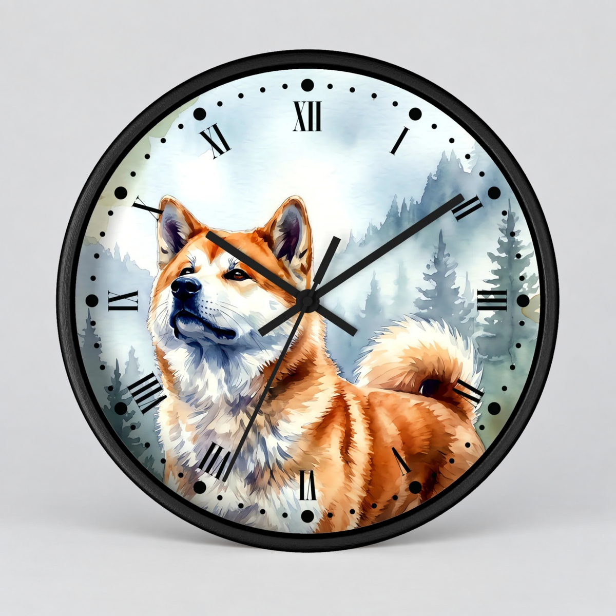 A round wall clock with a black frame and a printed illustration of an Akita dog in front of a misty pine forest. The clock face has black Roman numerals and black clock hands, shown against a light gray background.