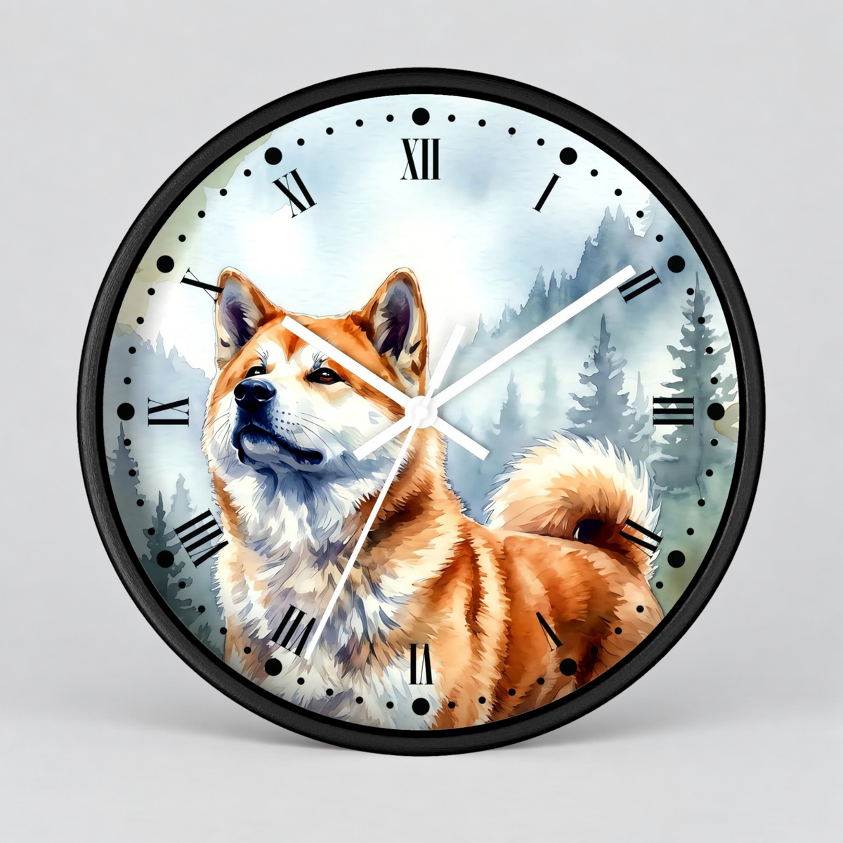 A round wall clock with a black frame and a printed illustration of a Shiba Inu dog in front of a misty pine forest. The clock face features black Roman numerals and white hands, photographed against a neutral light gray background.