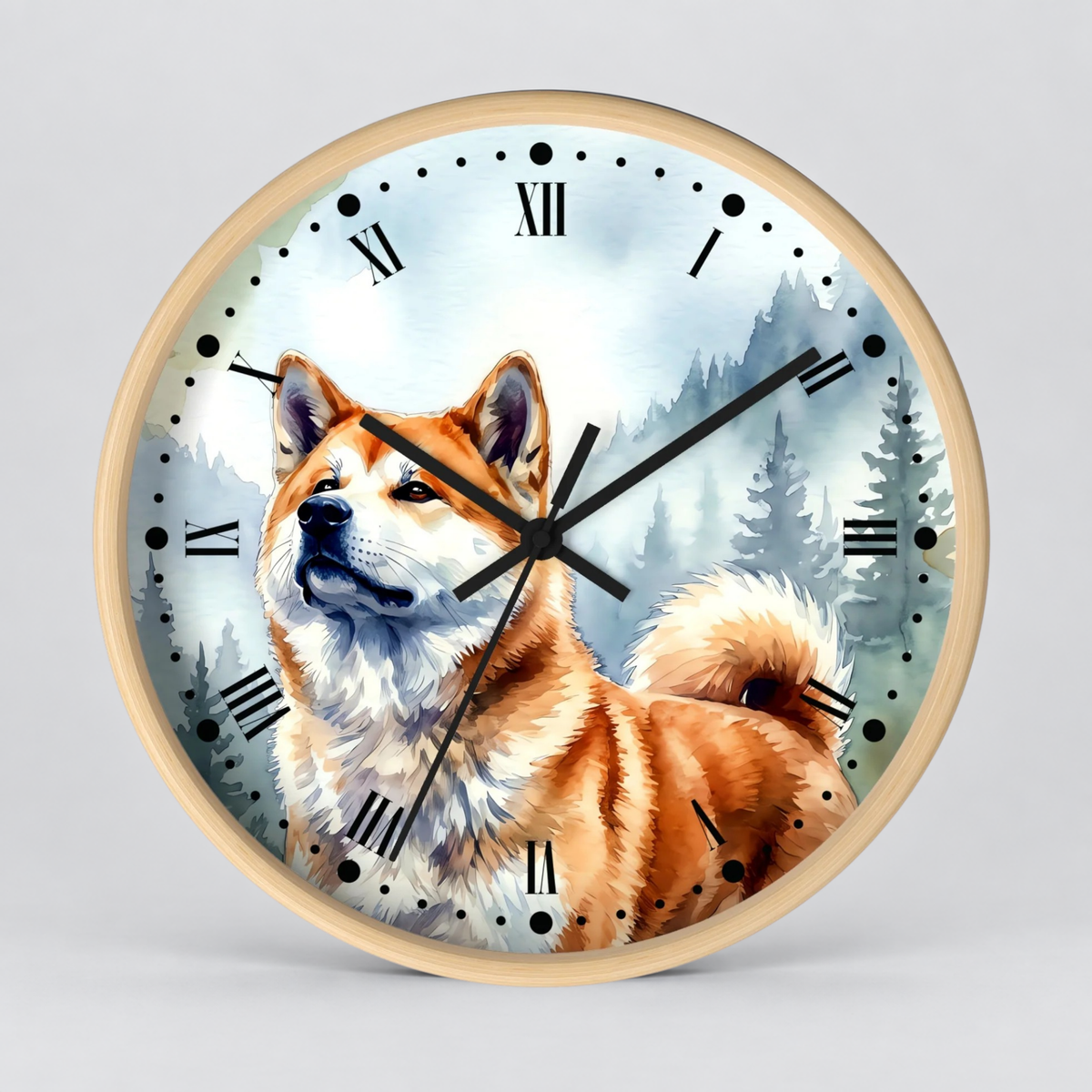 Akita Dog Wall Clock — Watercolor Winter Forest Dog Decor