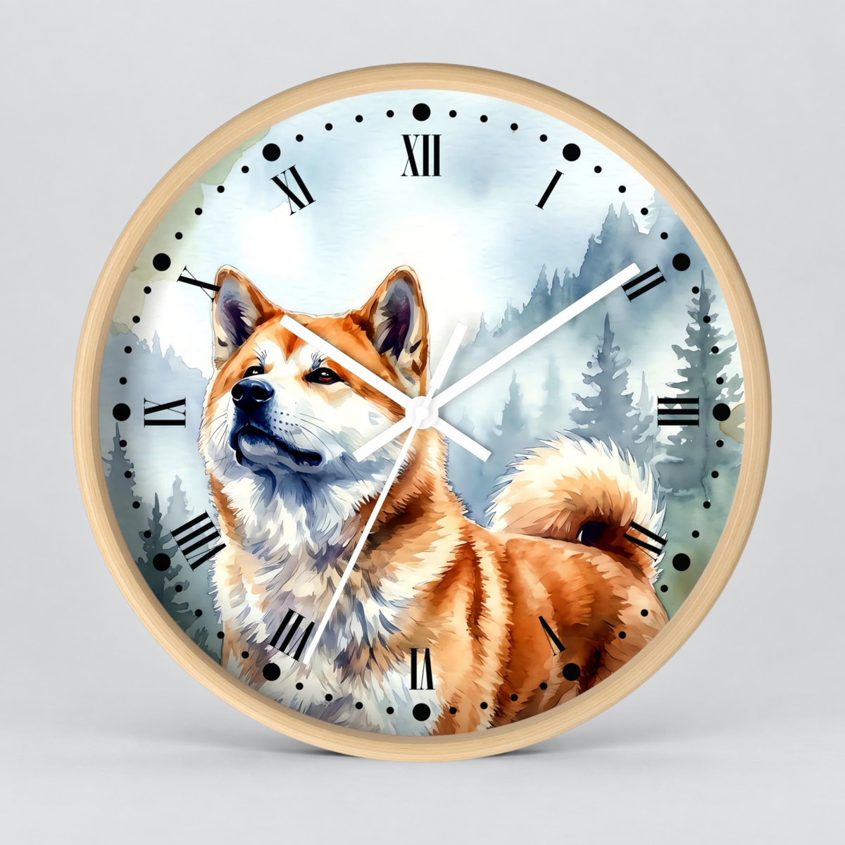 Akita Dog Wall Clock — Watercolor Winter Forest Dog Decor