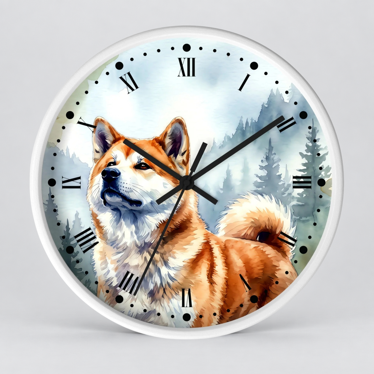 Akita Dog Wall Clock — Watercolor Winter Forest Dog Decor