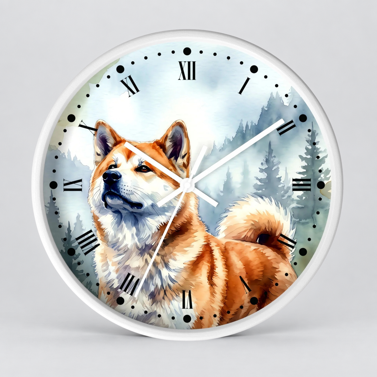 Akita Dog Wall Clock — Watercolor Winter Forest Dog Decor