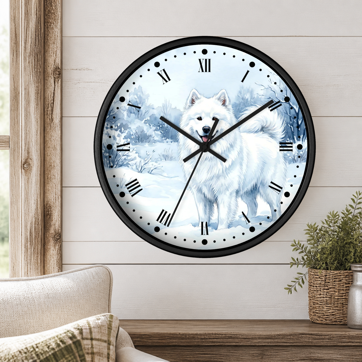 Watercolor Samoyed Wall Clock — Winter Dog Home Decor