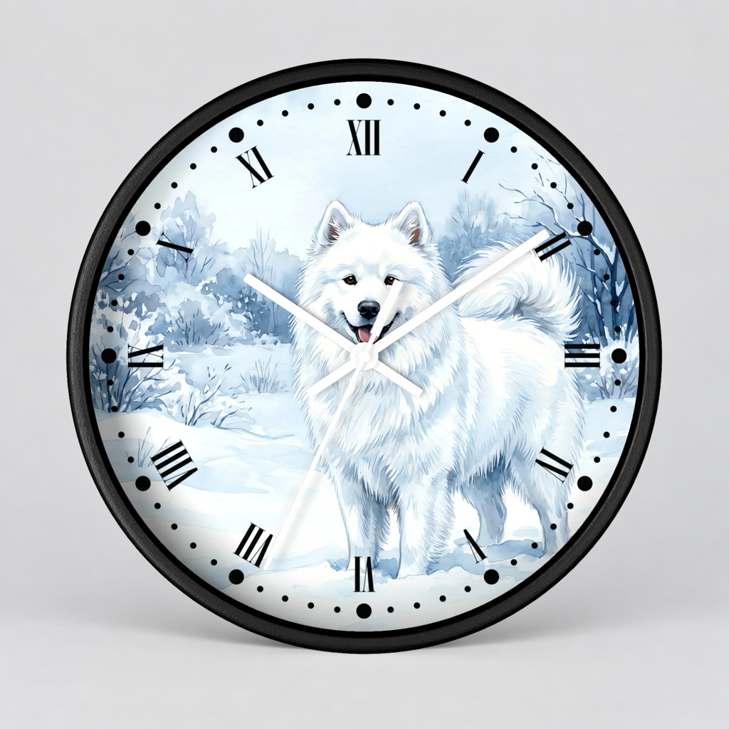Watercolor Samoyed Wall Clock — Winter Dog Home Decor