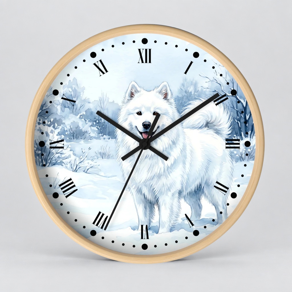 Watercolor Samoyed Wall Clock — Winter Dog Home Decor