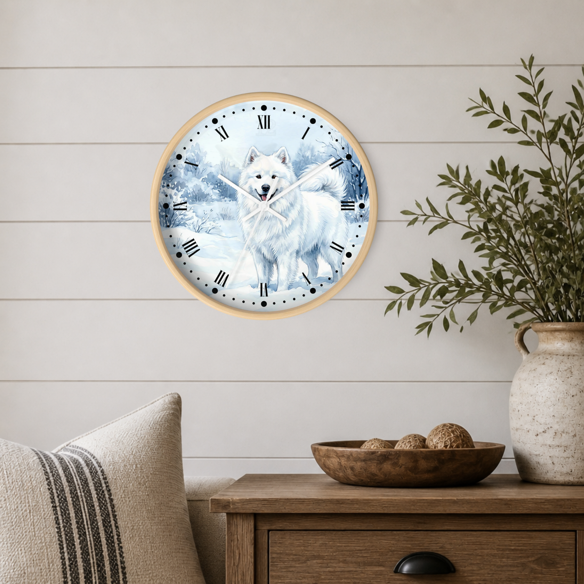 Watercolor Samoyed Wall Clock — Winter Dog Home Decor
