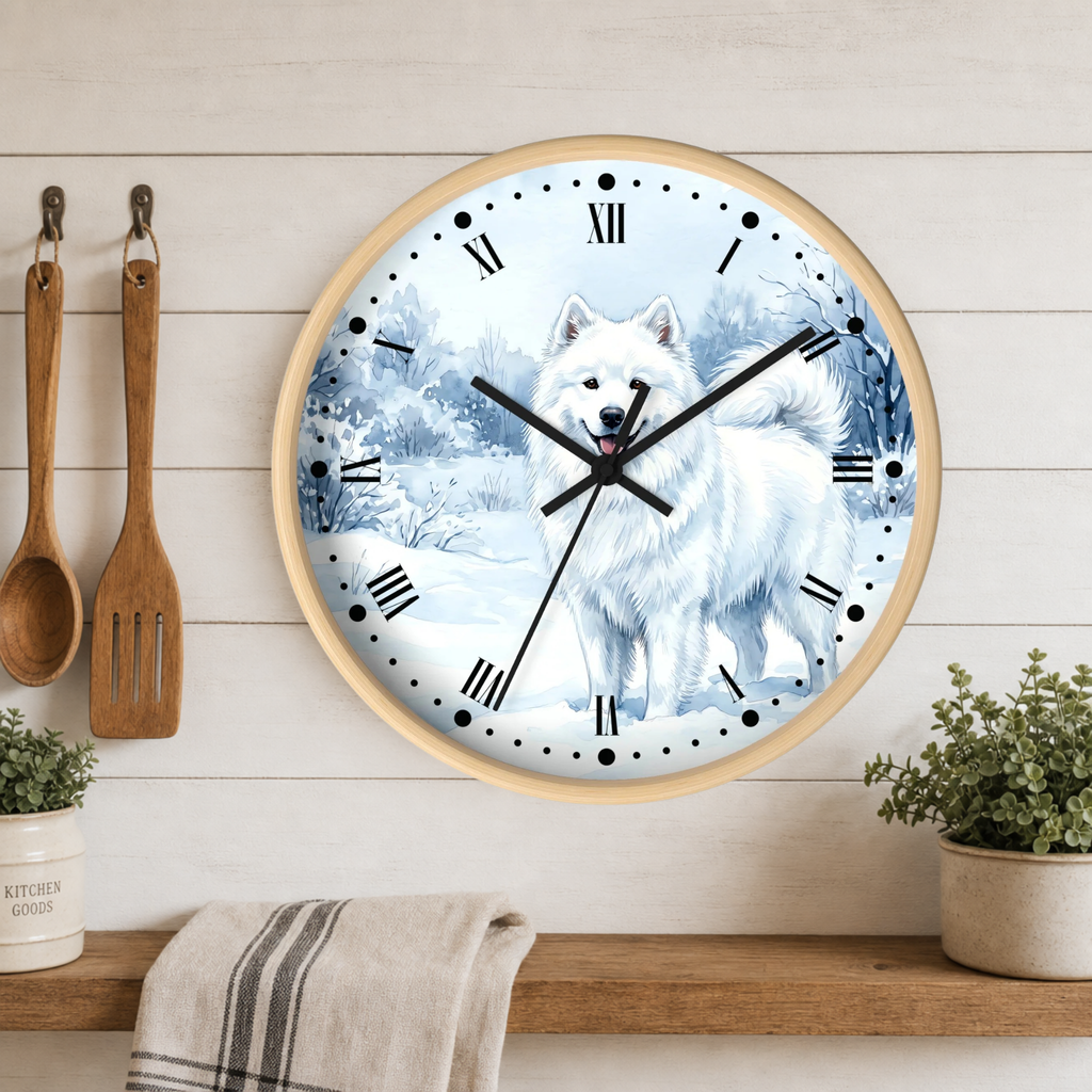 Watercolor Samoyed Wall Clock — Winter Dog Home Decor