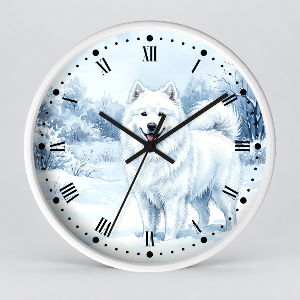 Watercolor Samoyed Wall Clock — Winter Dog Home Decor