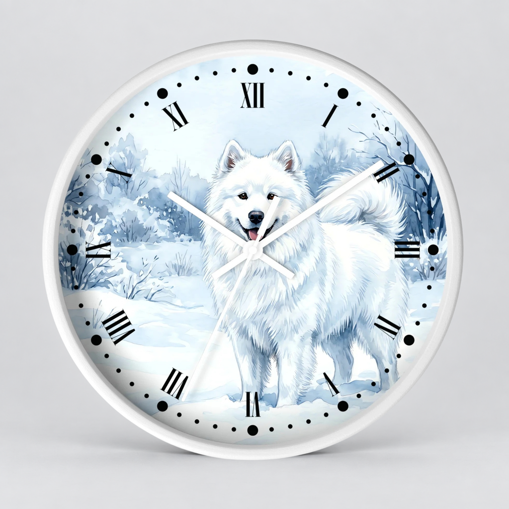Watercolor Samoyed Wall Clock — Winter Dog Home Decor