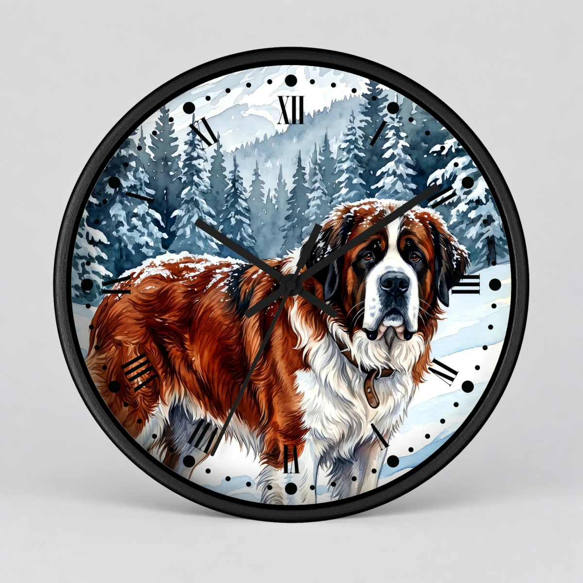 Round wall clock with a black frame and Roman numerals, featuring a painted Saint Bernard dog standing in a snowy forest scene.