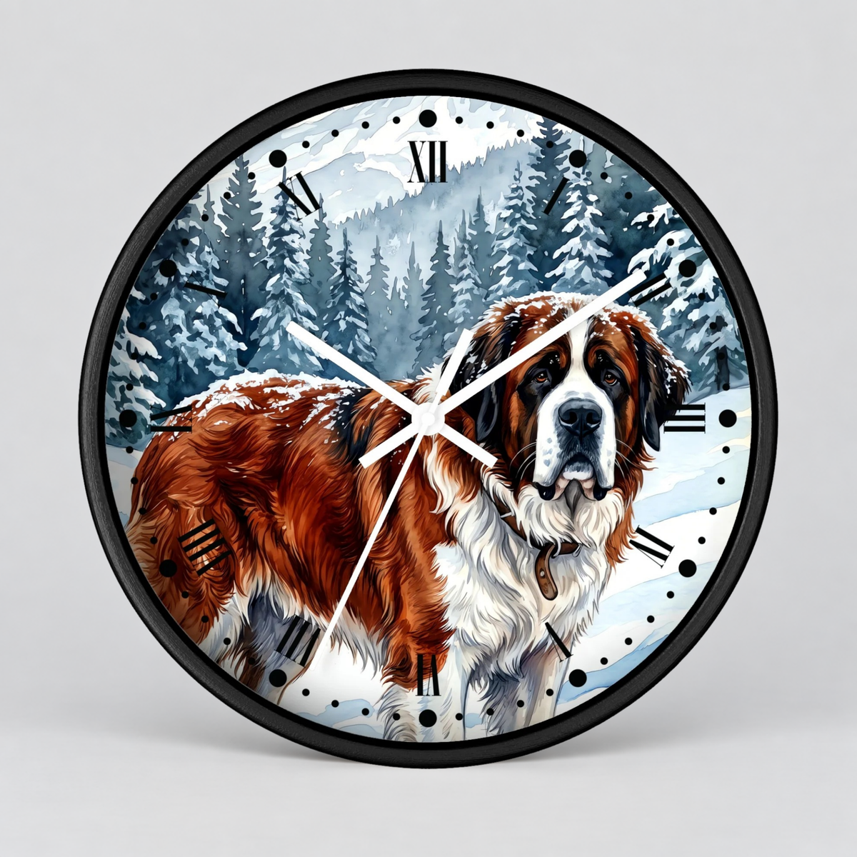 Round wall clock with a black frame and a printed design of a Saint Bernard dog standing in a snowy forest. The clock face has black Roman numerals and white hands, shown against a light gray background.