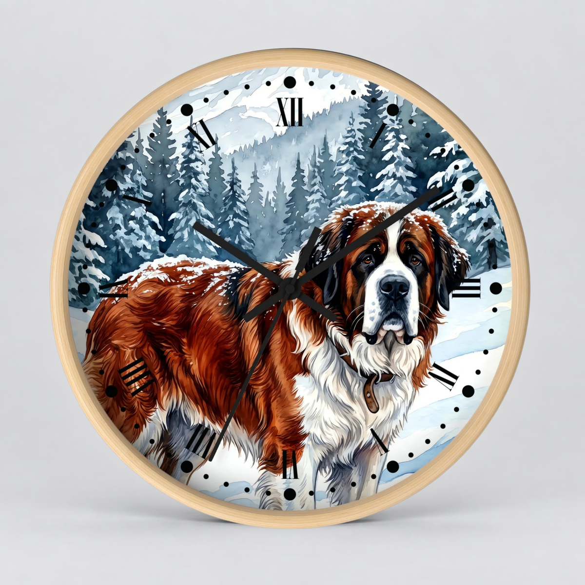 Round wall clock with a light wood frame featuring a printed illustration of a Saint Bernard dog standing in a snowy mountain forest. The clock face has black Roman numerals and black clock hands, shown against a neutral light gray background.