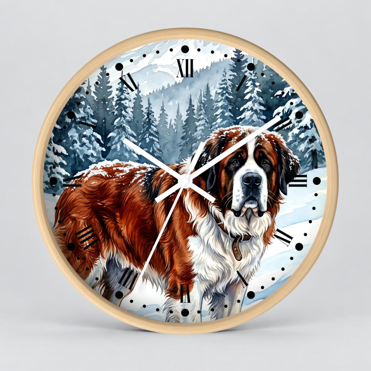 Round wall clock with a light wood frame featuring an illustrated Saint Bernard dog standing in a snowy forest. The clock face has black Roman numerals and white hands, shown against a light gray background.