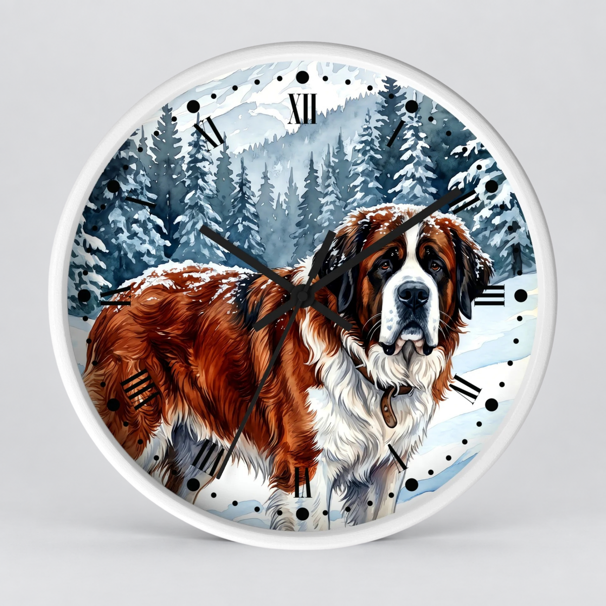 Round wall clock with a white frame and a printed winter forest scene featuring a Saint Bernard dog, with black Roman numerals and black clock hands on a light gray background.