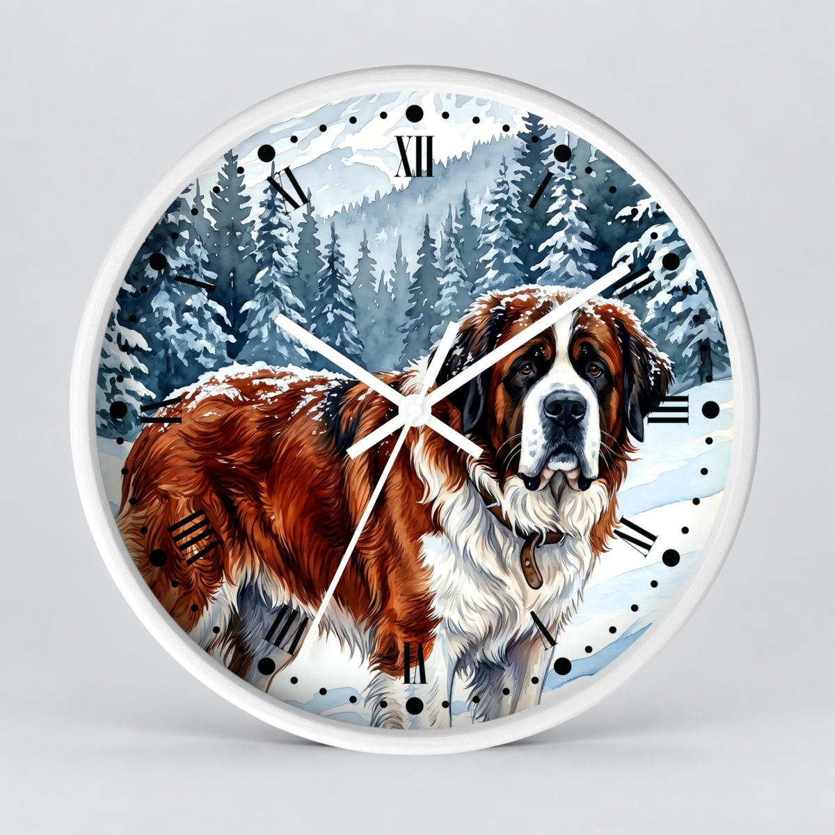 Round wall clock with a white frame and a printed winter forest scene featuring a Saint Bernard dog, with black Roman numerals and white clock hands on a light gray background.