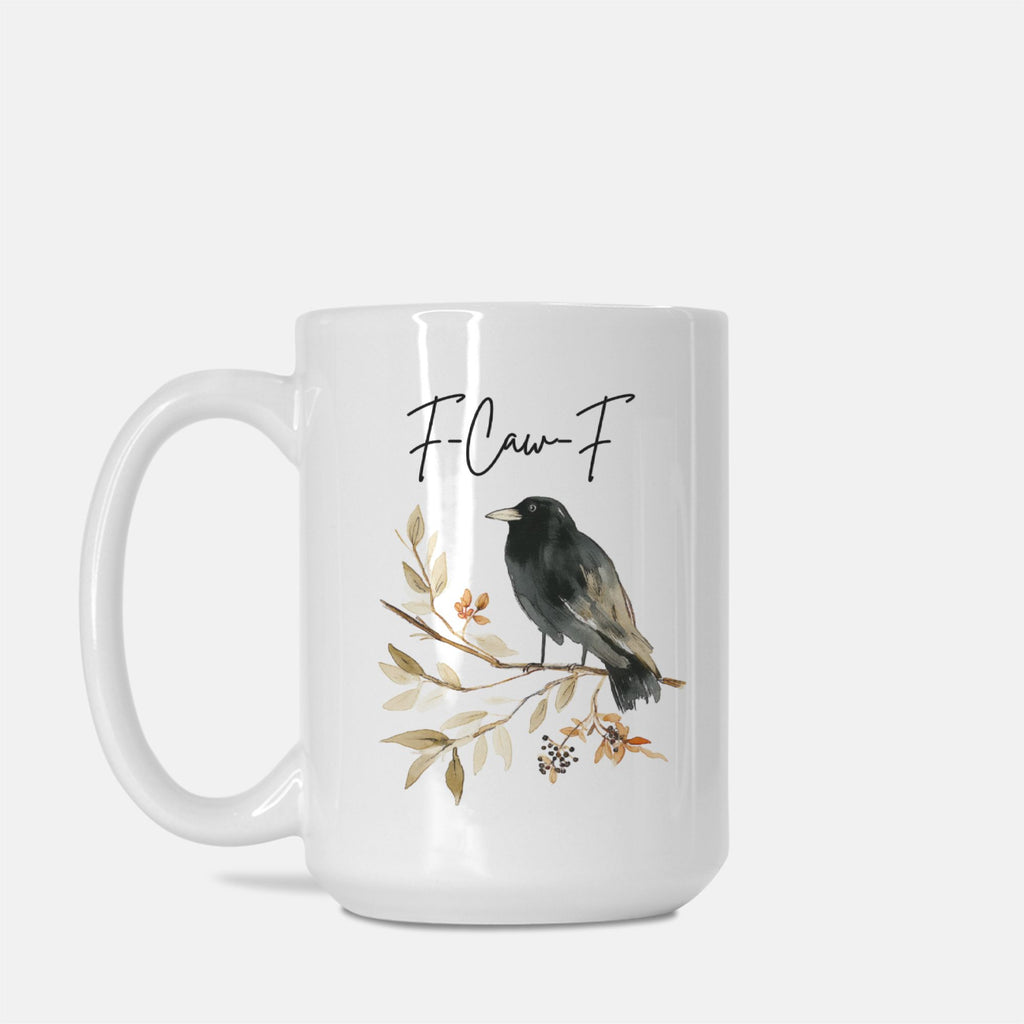 White mug with a bird illustration and 'F-Caw-F' text on a white background
