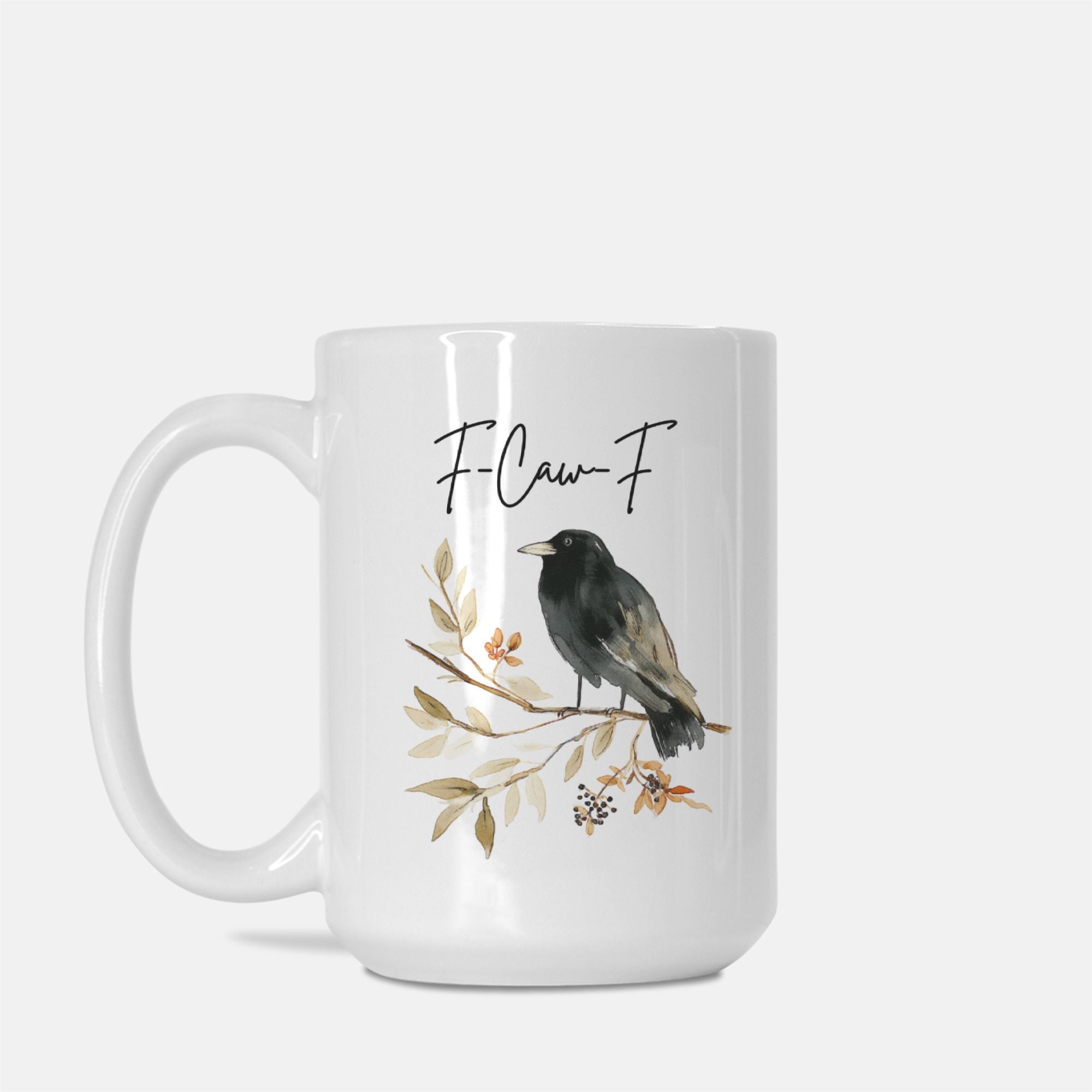 White mug with a bird illustration and 'F-Caw-F' text on a white background