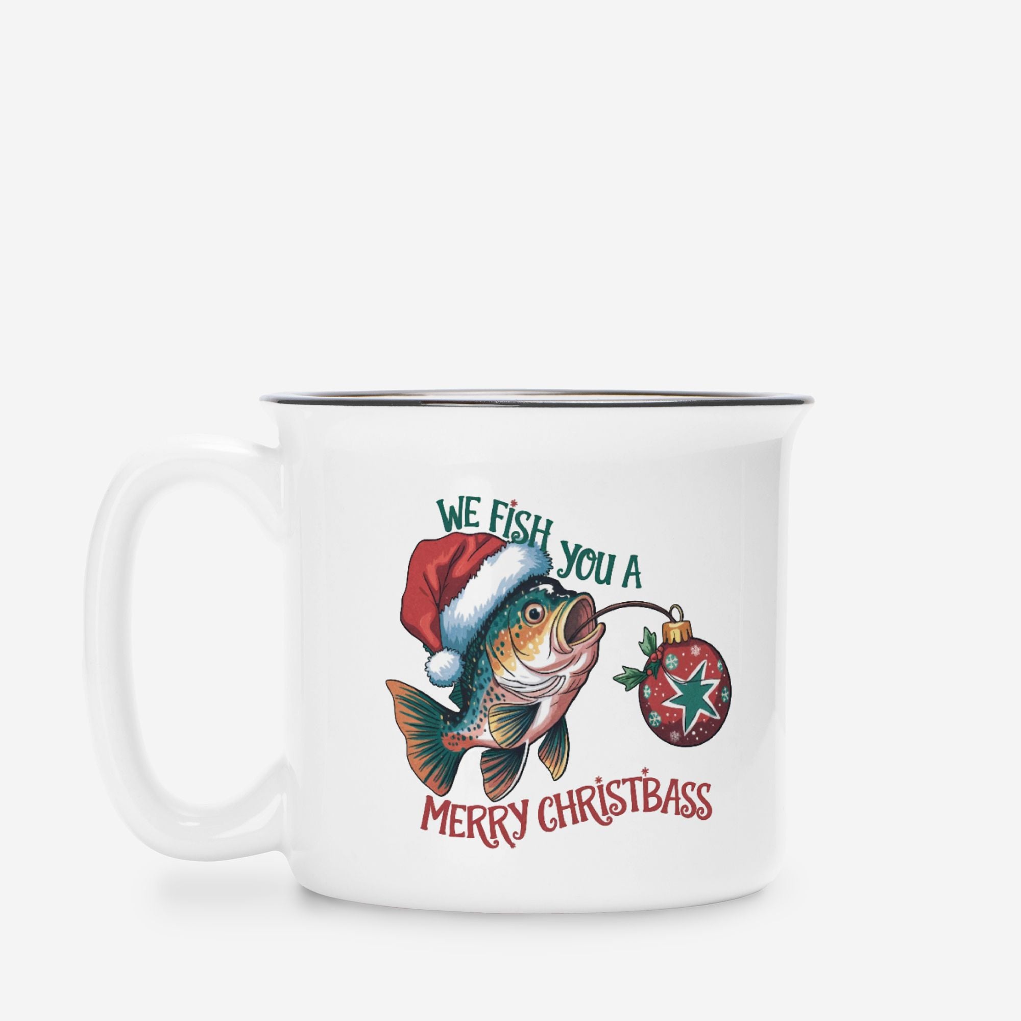 White mug with Christmas-themed fish design and text on a white background
