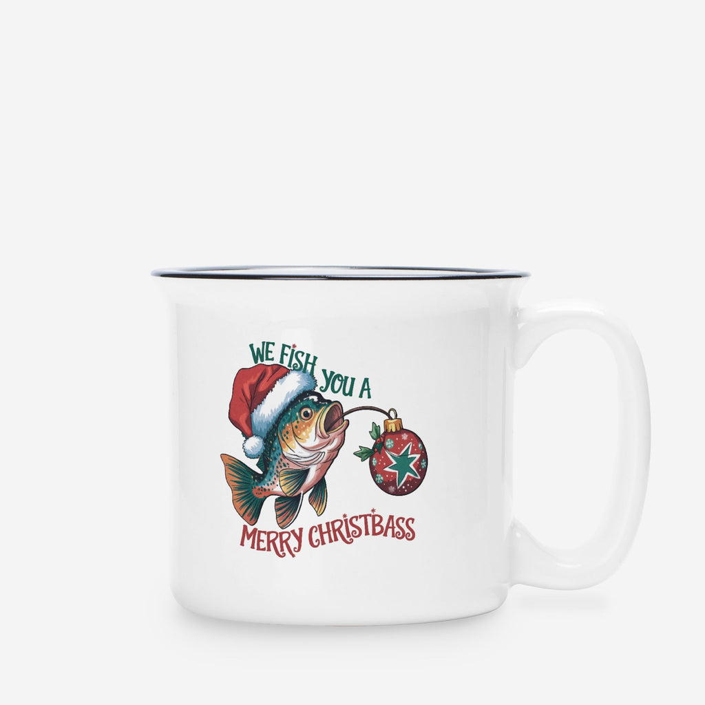 White mug with Christmas-themed design featuring a fish wearing a Santa hat and text on a white background