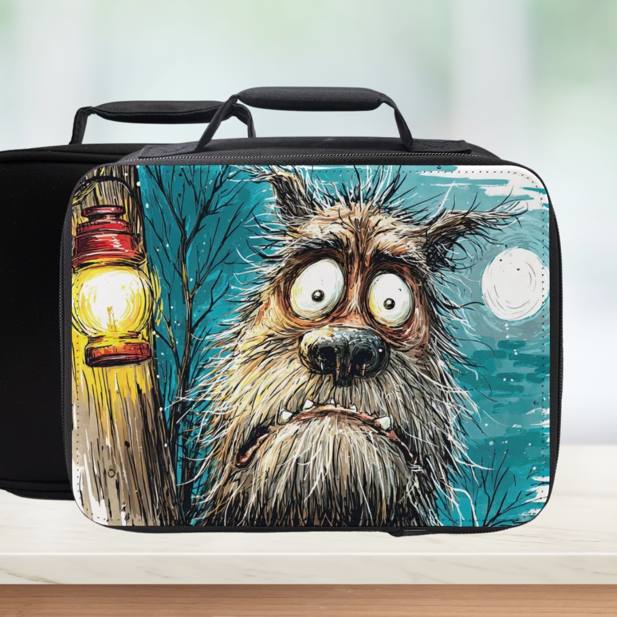  insulated lunch bag with a cartoon monster design on a white background